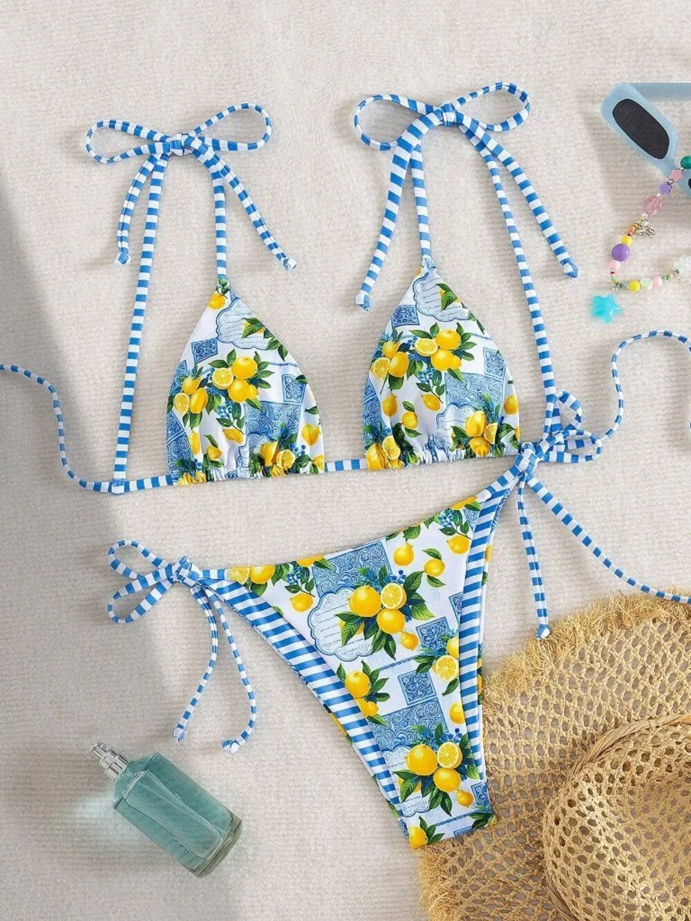 Multicolor Cute Women's Beach Bowknot Lemon Printed Knot Bikini Set
